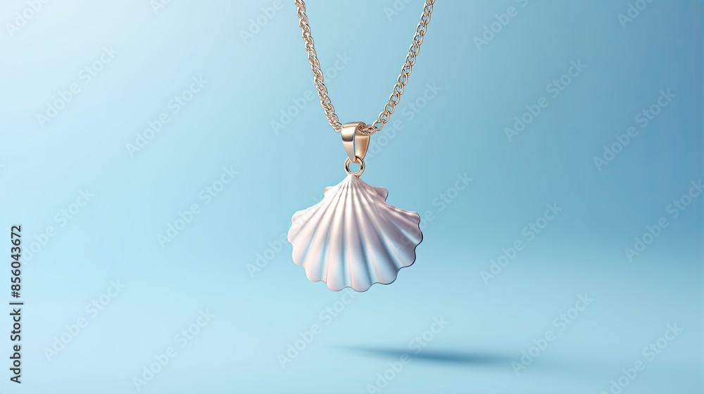 Poster 3d rendering of a seashell pendant on a gold chain. the shell is white and the chain is gold. the pe