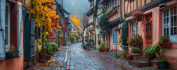 Naklejka premium A quaint cobblestone street lined with charming shops, cafes, and old-fashioned buildings.