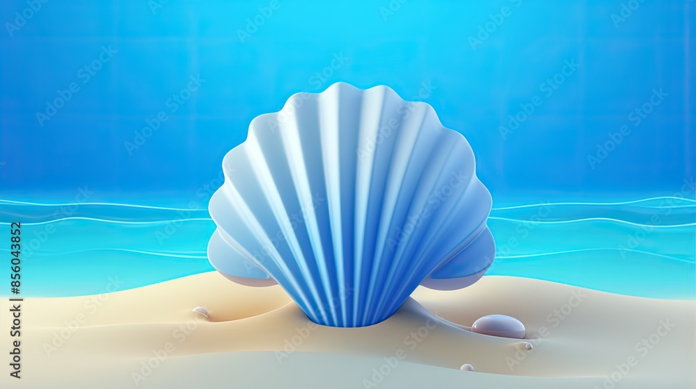 Poster 3d rendering of a blue seashell on the sandy ocean floor. the shell is slightly open, revealing a pe