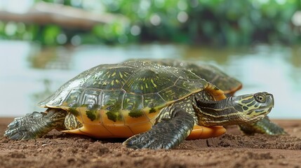 Obraz premium turtle sitting on the ground next to a body of water