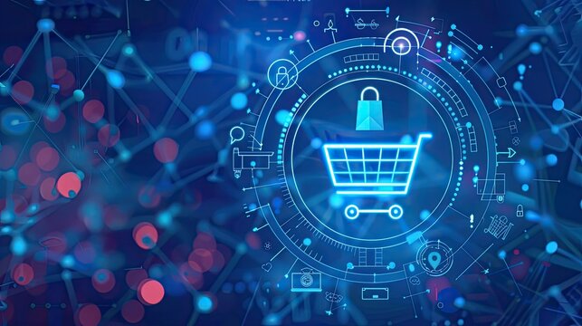 Blue background adorned with sleek digital icons representing online shopping technology