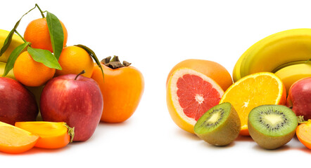 Fruits isolated on white. Collage. Free space for text. Wide photo.
