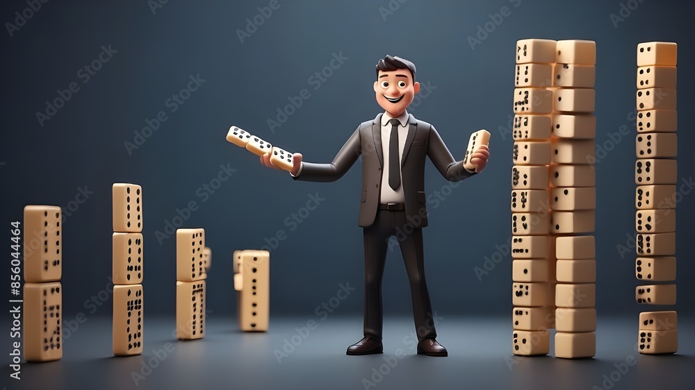 Poster a character playing a businessman holds up a row of falling dominoes. concept of business support. 3