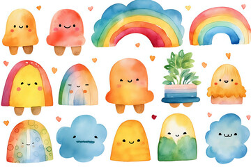 Adorable Watercolor Characters and Elements. A collection of cute watercolor characters and elements including cheerful blobs and whimsical rainbows, perfect for children's decor, stationery,