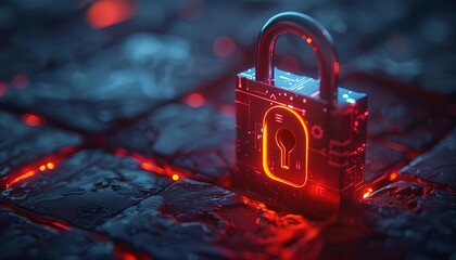 Digital padlock glowing red on a cracked surface, symbolizing cybersecurity and data protection for technology and security concepts.