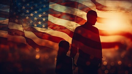Silhouette of a man and child against an American flag backdrop at sunset, symbolizing patriotism and family unity.