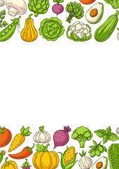 Fresh and healthy farm vegetables, vector minimalist vertical poster a4, veggies colorful icons border frame. Space for text, isolated background. For card, banner, menu, cover, social media