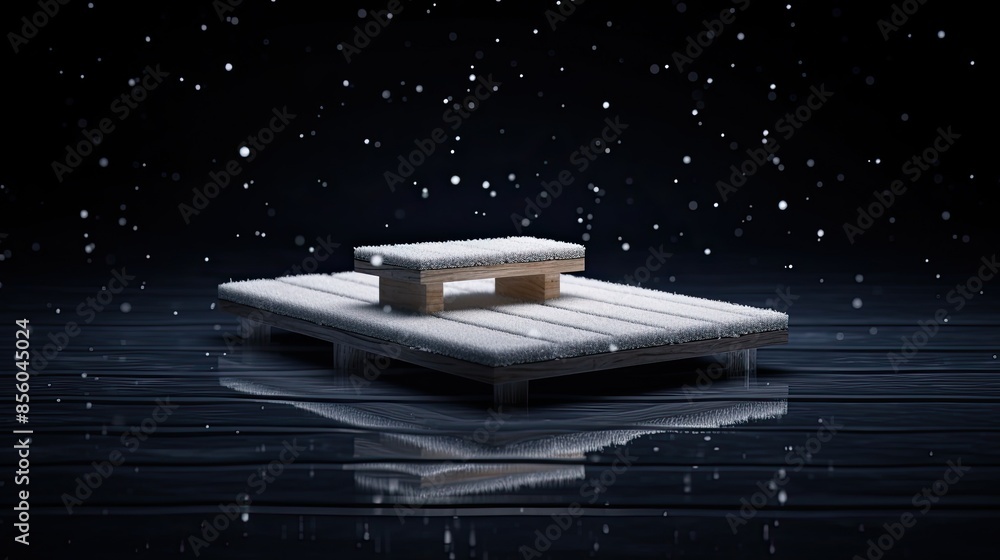 Poster the image is a 3d rendering of a wooden platform floating on water. the platform is covered in snow.