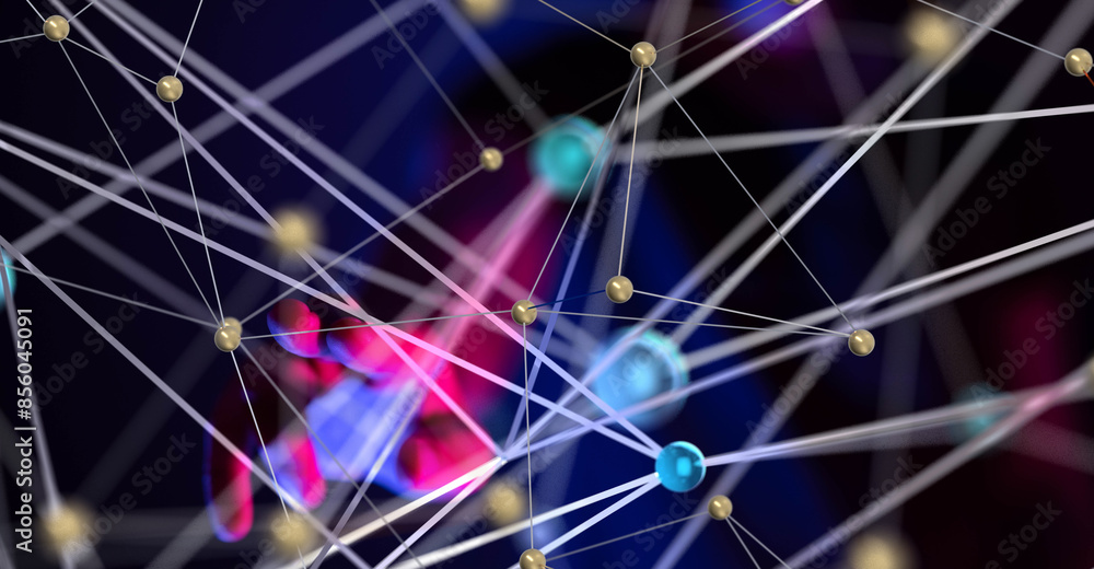 Poster Global network. Blockchain. 3D illustration. Neural networks and artificial intelligence. Abstract