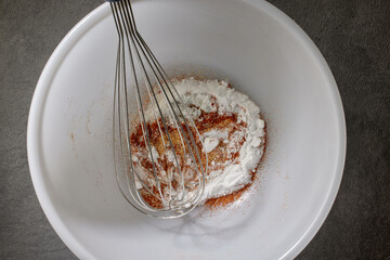 spices with salt and baking powder are mixed in a white bowl