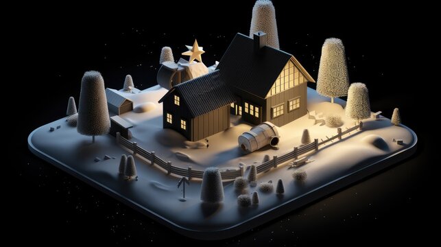 A cozy cabin in the woods, surrounded by snow-covered trees. There is a wood fence around the cabin.