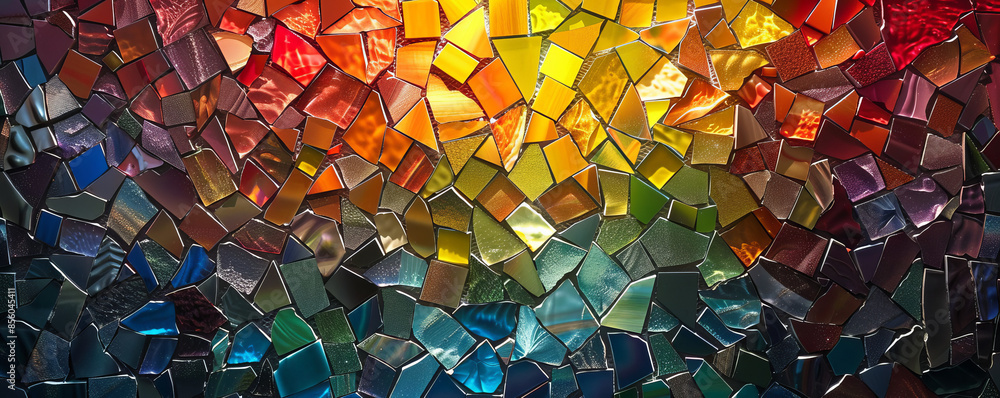 Poster a mosaic pattern made up of tiny pieces of colored glass, reflecting the light in a dazzling display