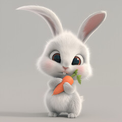 Fototapeta premium Cute 3D Render of a Little Bunny Adorable little bunny with big eyes and fluffy fur, holding a carrot, vibrant colors, detailed fur texture, high resolution, charming forest background, playful pose.