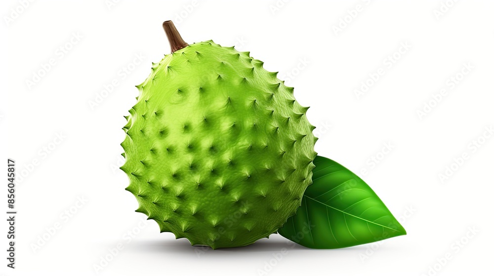 Aufkleber this is an image of a green soursop fruit. it has a bumpy texture and a single leaf attached to the 