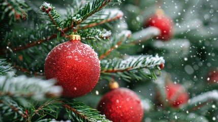 Fototapeta premium Red Christmas Ornament on Snow-Covered Pine Tree, Generative AI