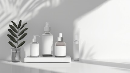 A clean and simplistic layout of skincare bottles on white surfaces under shadows of plant leaves