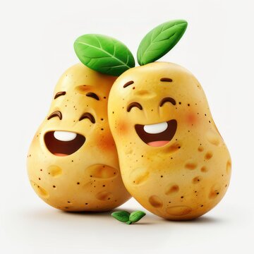 Naklejki 2 funny 3d potatoes with faces, eyes, smile in cartoon style, isolated on white background