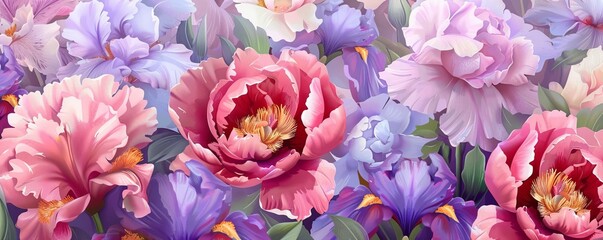 Watercolor floral wallpaper with peonies and irises, seamless pattern, floral design, luxurious background, fabric, clothing.