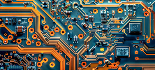 Close-up of electronic circuit board with orange traces