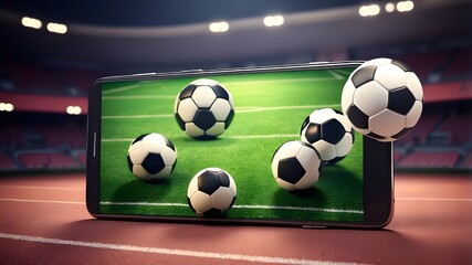 smartphone featuring a soccer ball for football. a video broadcast or online game. 3D Production