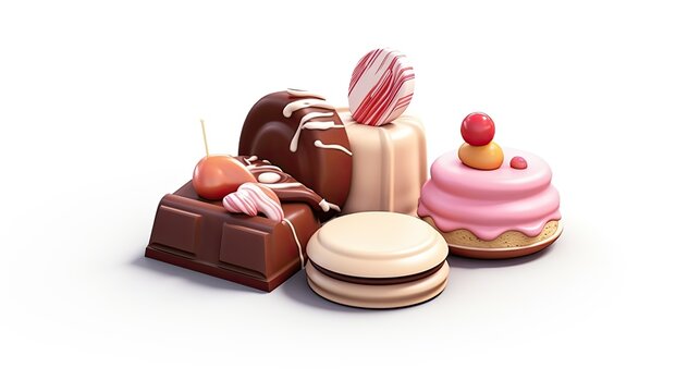 3D rendering of a variety of desserts including a chocolate bar, a pink frosted cupcake, a white frosted macaroon, and a slice of cake with strawberri