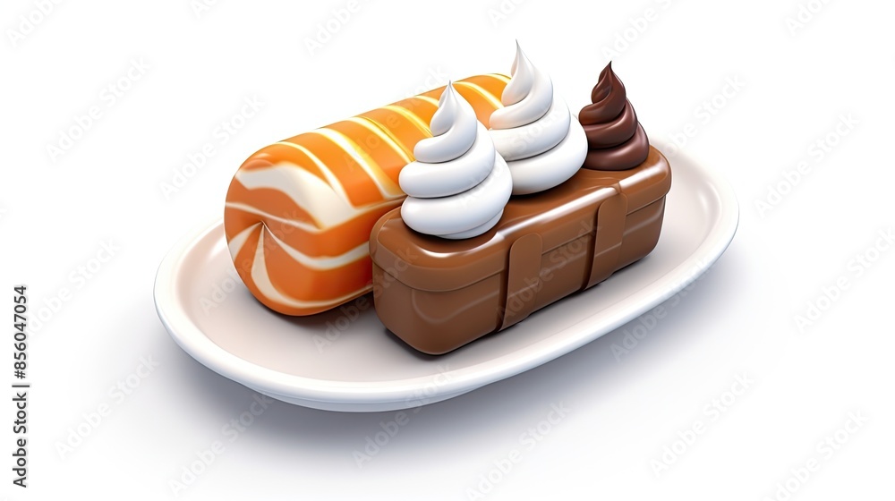 Poster 3d rendering of a plate with two cakes on a white background. the cakes are decorated with icing and