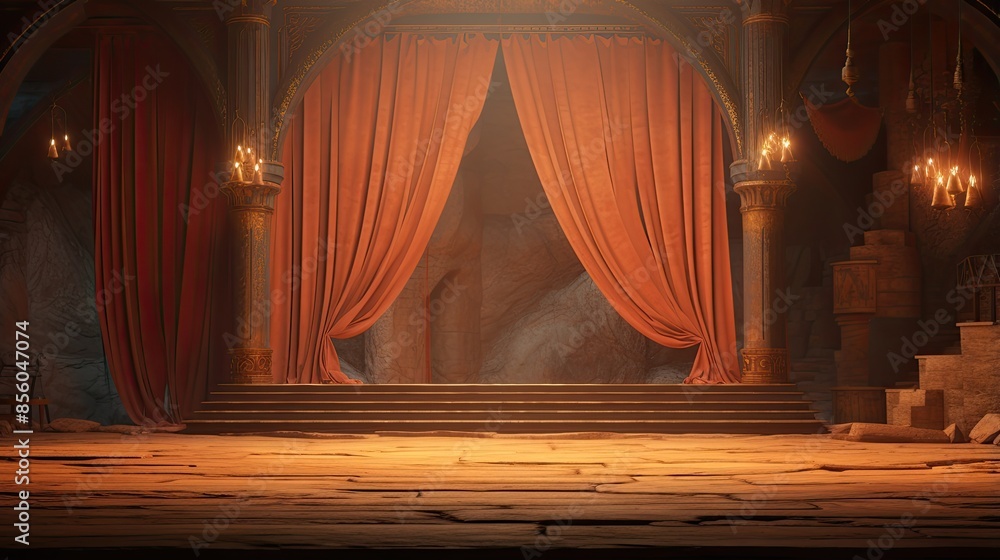 Poster the image is a 3d rendering of a theater stage. the stage is made of stone and has a large red curta