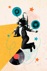 Vertical photo collage of happy girl jump stage karaoke retro event vinyl plate cassette song music...