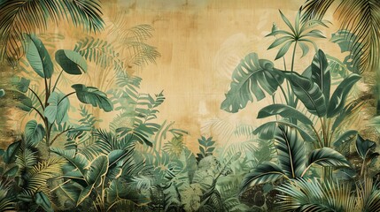 Vintage-inspired mural photo wallpaper: lush, tropical jungle with graceful leaves in retro style, bohemian flair.