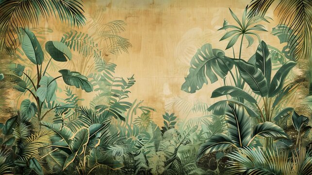 Vintage-inspired mural photo wallpaper: lush, tropical jungle with graceful leaves in retro style, bohemian flair.