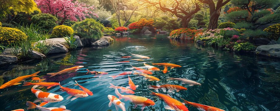 A serene Japanese garden, with koi fish swimming peacefully in a pond, surrounded by manicured bonsai trees and blooming cherry blossoms.