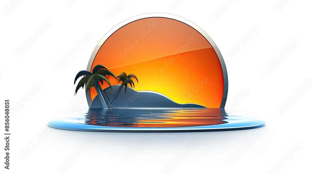 Aufkleber 3d rendering of a tropical island with palm trees and a setting sun. the island is surrounded by a b