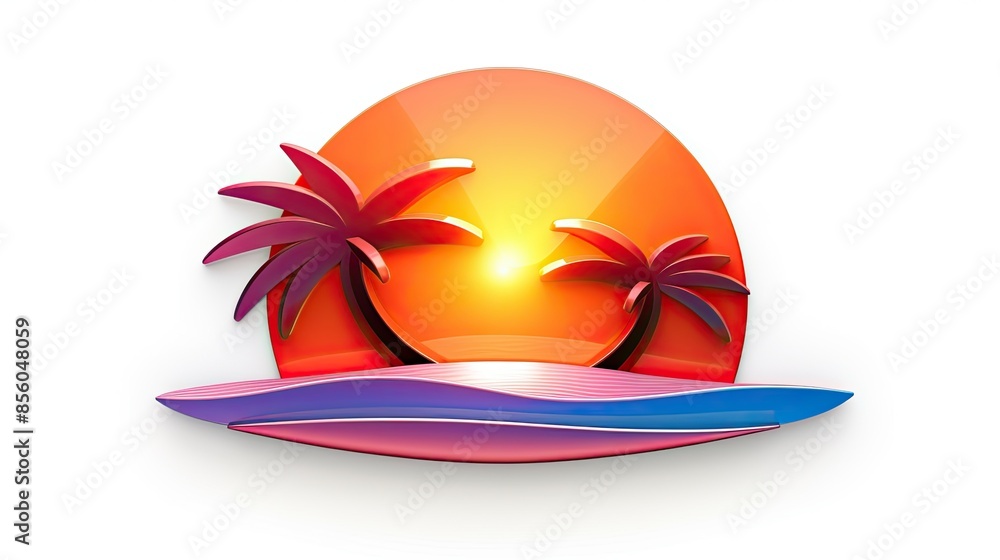 Poster this is a 3d rendering of a sunset over the ocean. the sun is a large, orange orb that is setting be