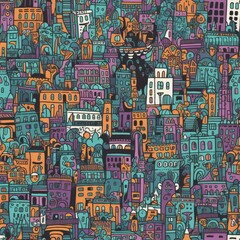 Obraz premium Abstract seamless pattern with buildings. Perfect for fabric, textile, wallpaper, kindergarten.