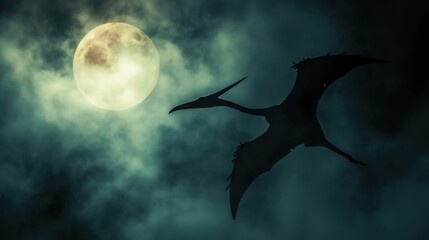 Naklejka premium Flying dinosaur, Pterodactyl, flying high in sky with moon. Photorealistic.