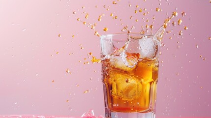 Iced tea splashing out of a glass, droplets frozen in motion on a pink backdrop