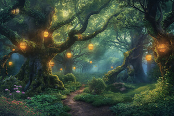 Fototapeta premium Enchanting Forest with Illuminated Lanterns - Magical Nature Art