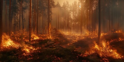 Obraz premium A photo of a large forest fire raging, with flames and smoke filling the sky. This illustrates the concept of global warming, climate crisis and forest fires.