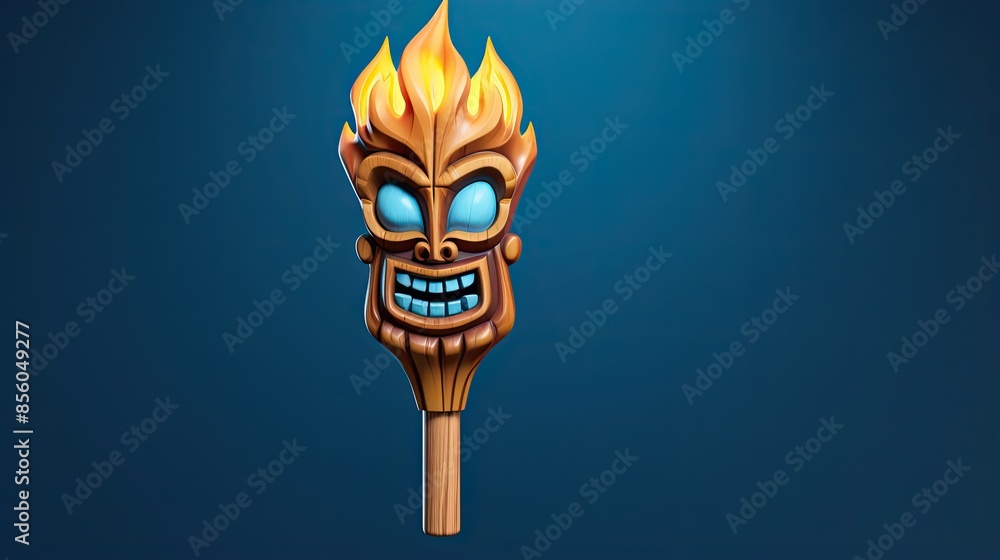 Aufkleber a 3d rendering of a tiki torch. the torch is made of wood and has a carved face with glowing blue ey