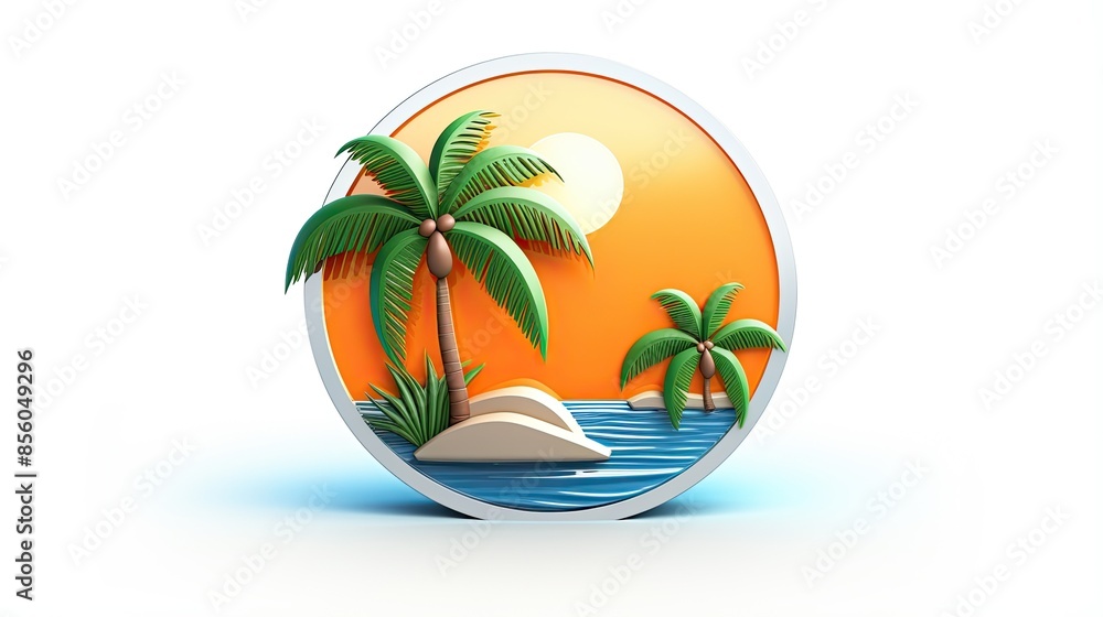 Poster 3d rendering of a tropical island with palm trees and a setting sun. the island is surrounded by a b