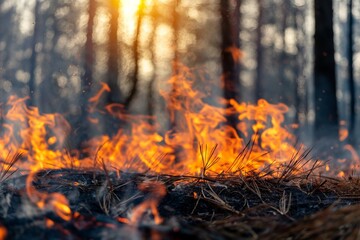 A photo of a large forest fire raging, with flames and smoke filling the sky. This illustrates the concept of global warming, climate crisis and forest fires.
