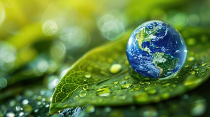 Macro photography of water droplets on a leaf, with earth globe for climate change awareness