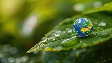 Macro photography of water droplets on a leaf, with earth globe for climate change awareness
