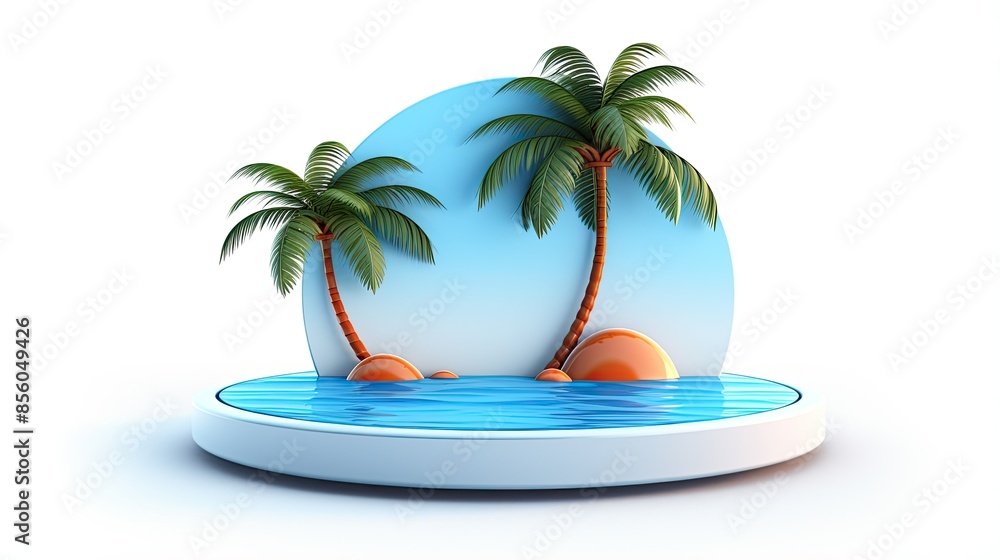 Poster 3d rendering of a summer podium with palm trees. the perfect backdrop for your product display.