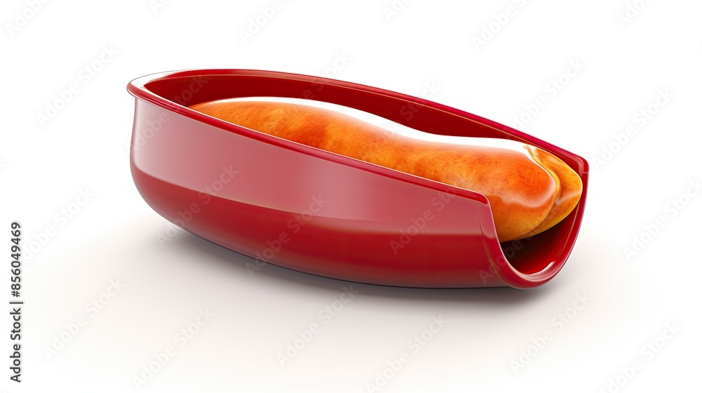 Poster 3d rendering of a hotdog in a red plastic container on a white background.