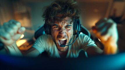 Obraz premium angry man with curly hair playing video games with headset yelling at screen