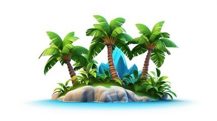 A small tropical island with three palm trees, green grass, and a large blue crystal. The island is surrounded by blue water.