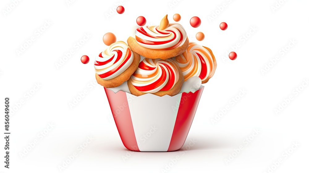 Poster 3d rendering of a red and white striped popcorn bucket full of cupcakes with red and white frosting.