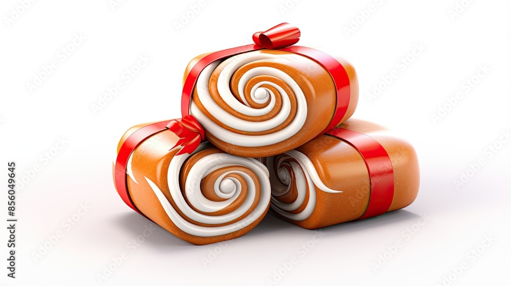 Poster 3d rendering of a stack of three wrapped candies. the candies are brown and have a white swirl on to