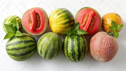 An HD image of fresh melons, their variety of cantaloupe, honeydew, and watermelon, vibrant and fresh, isolated on a Transparent background, 